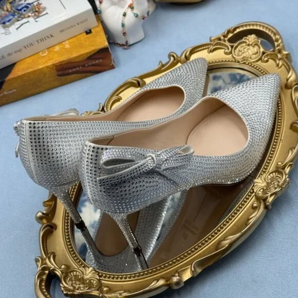 🆕 BLACK SUEDE STUDIO 🧿 NWOB White Satin Ribbon Rhinestone Heels, Sz 37 US 6.5 - Picture 13 of 16